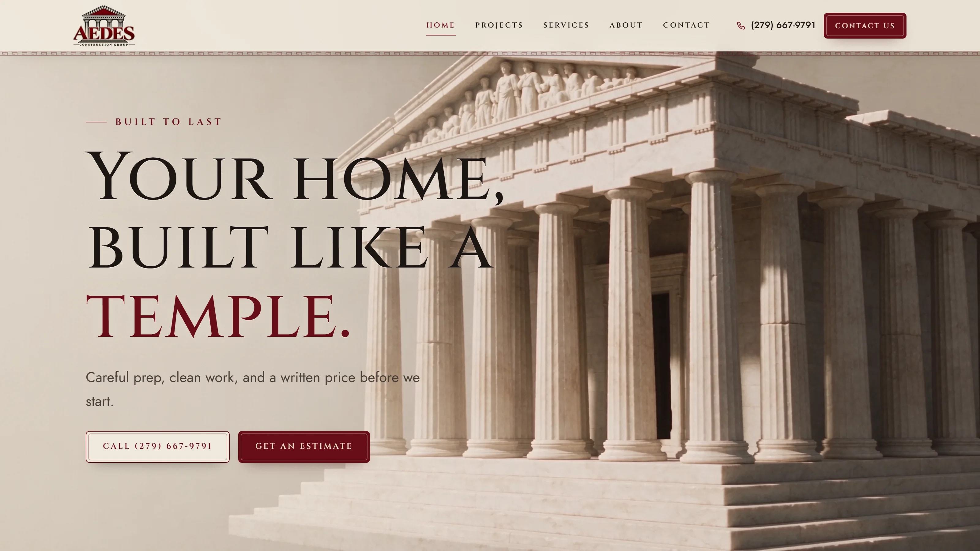 Homepage of aedes-construction.com: Your home, built like a temple, in capital letters beside a classical temple, with the AEDES logo, navigation, a phone number and Call and Get an estimate buttons