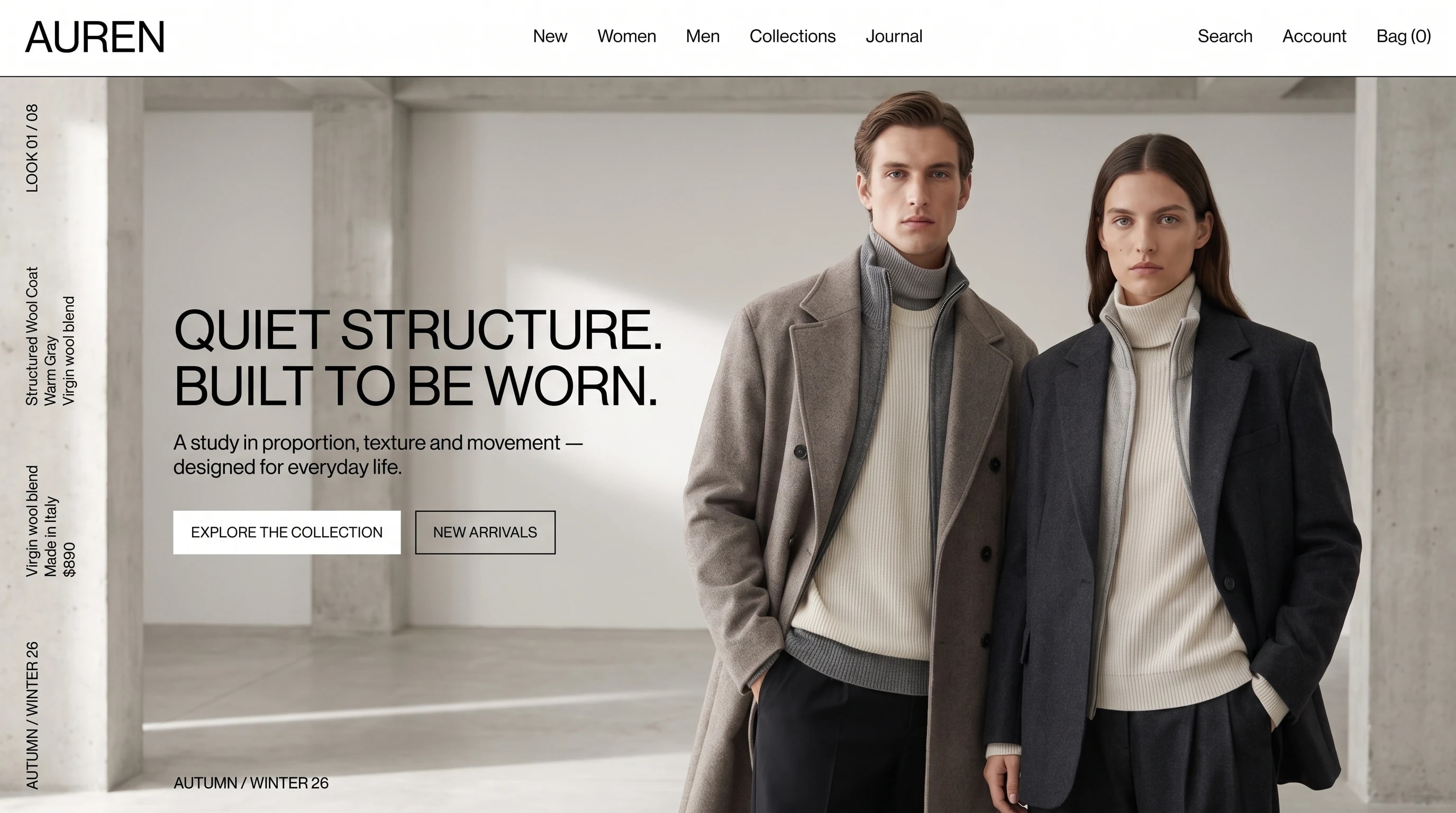 AUREN website: two models in wool tailoring against concrete, with a rotated look index down the left edge