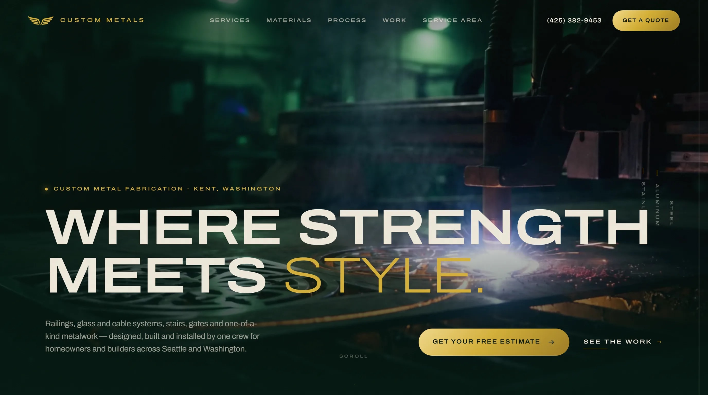 Custom Metals website: a dark hero over real plasma-cutting footage, reading Where strength meets style, with the gold wings mark, full navigation and a Get your free estimate button