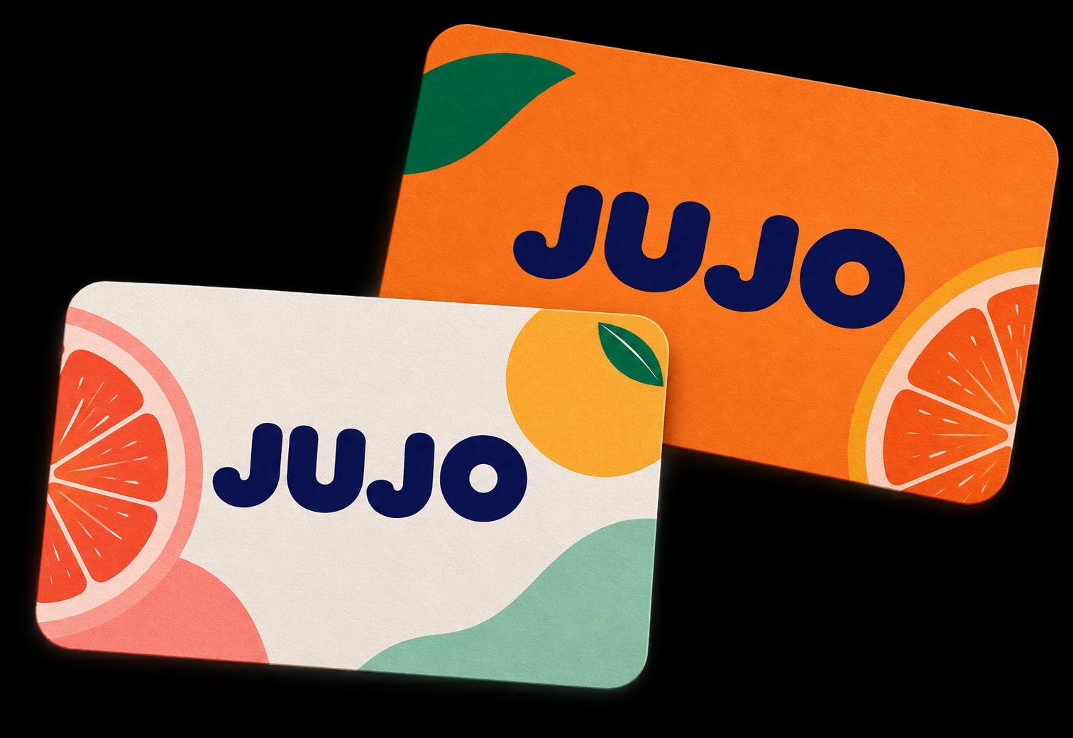 JUJO business cards with colorful citrus graphics and navy lettering
