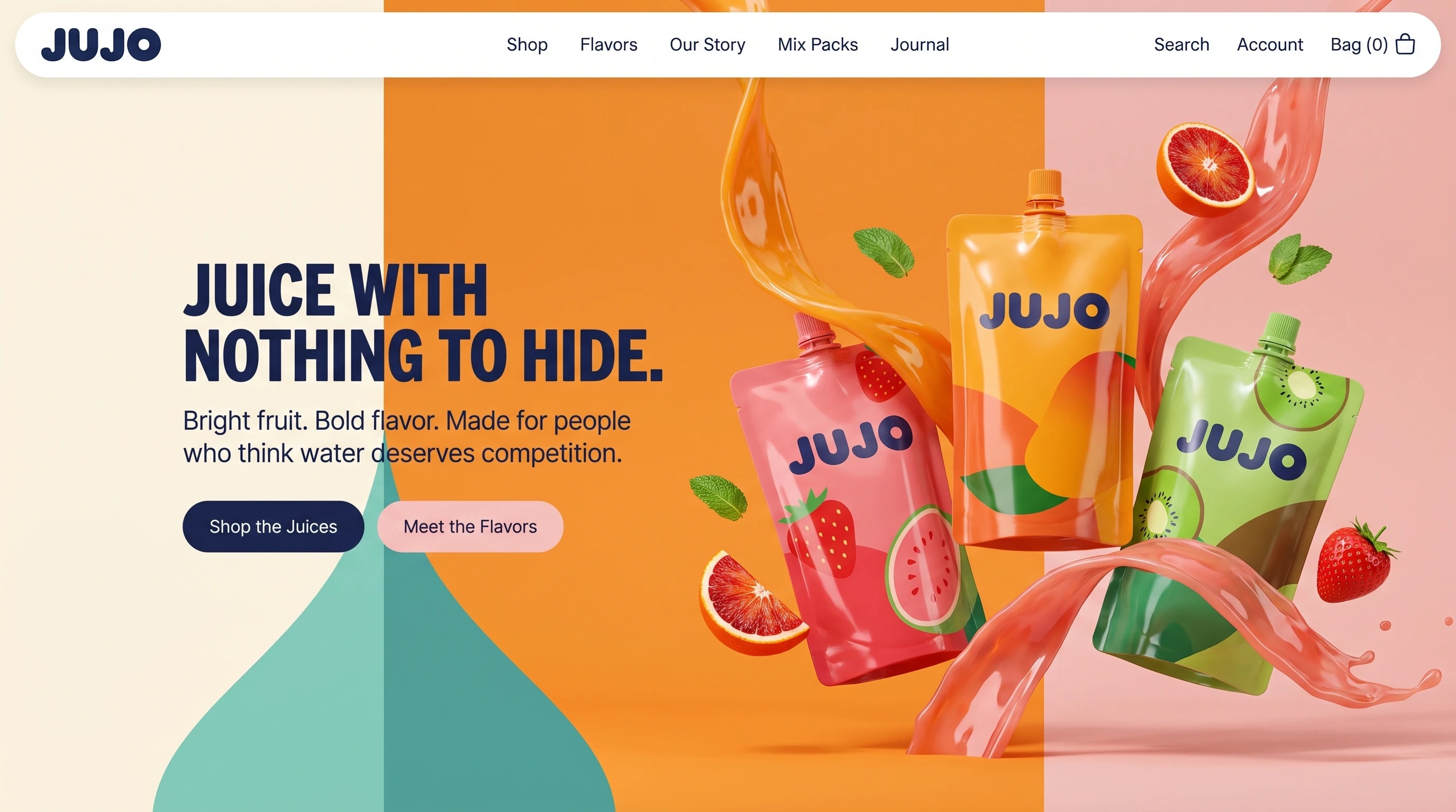 JUJO website: three fruit pouches with juice splashes across blocks of orange, pink and cream, with a floating pill navigation