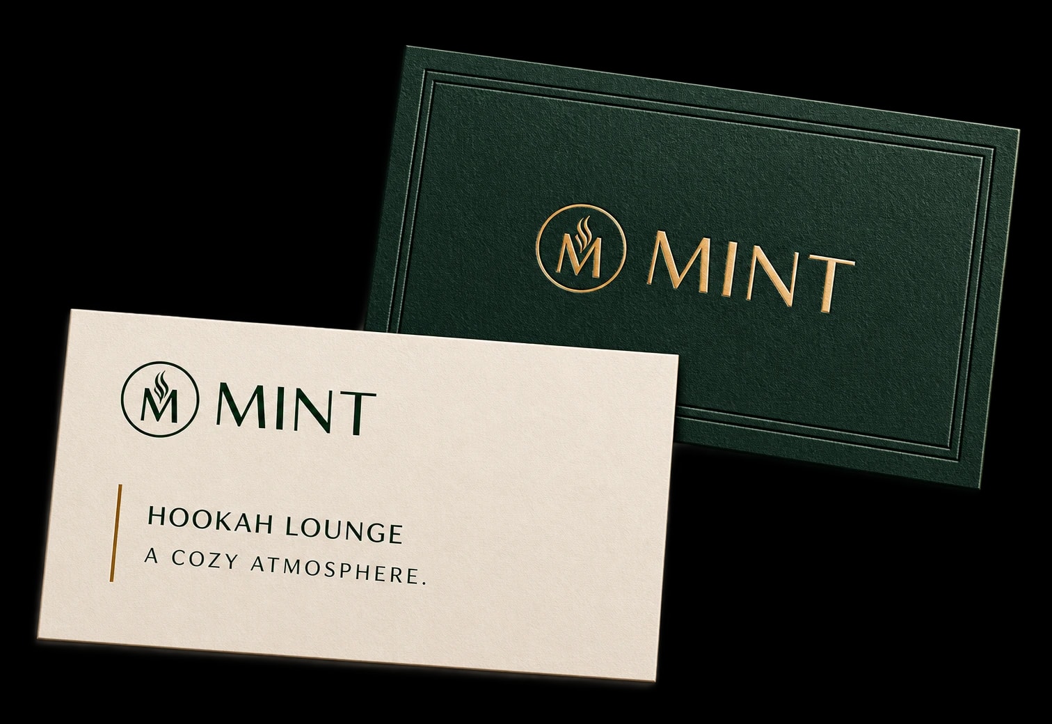 MINT business cards in emerald, cream and brass