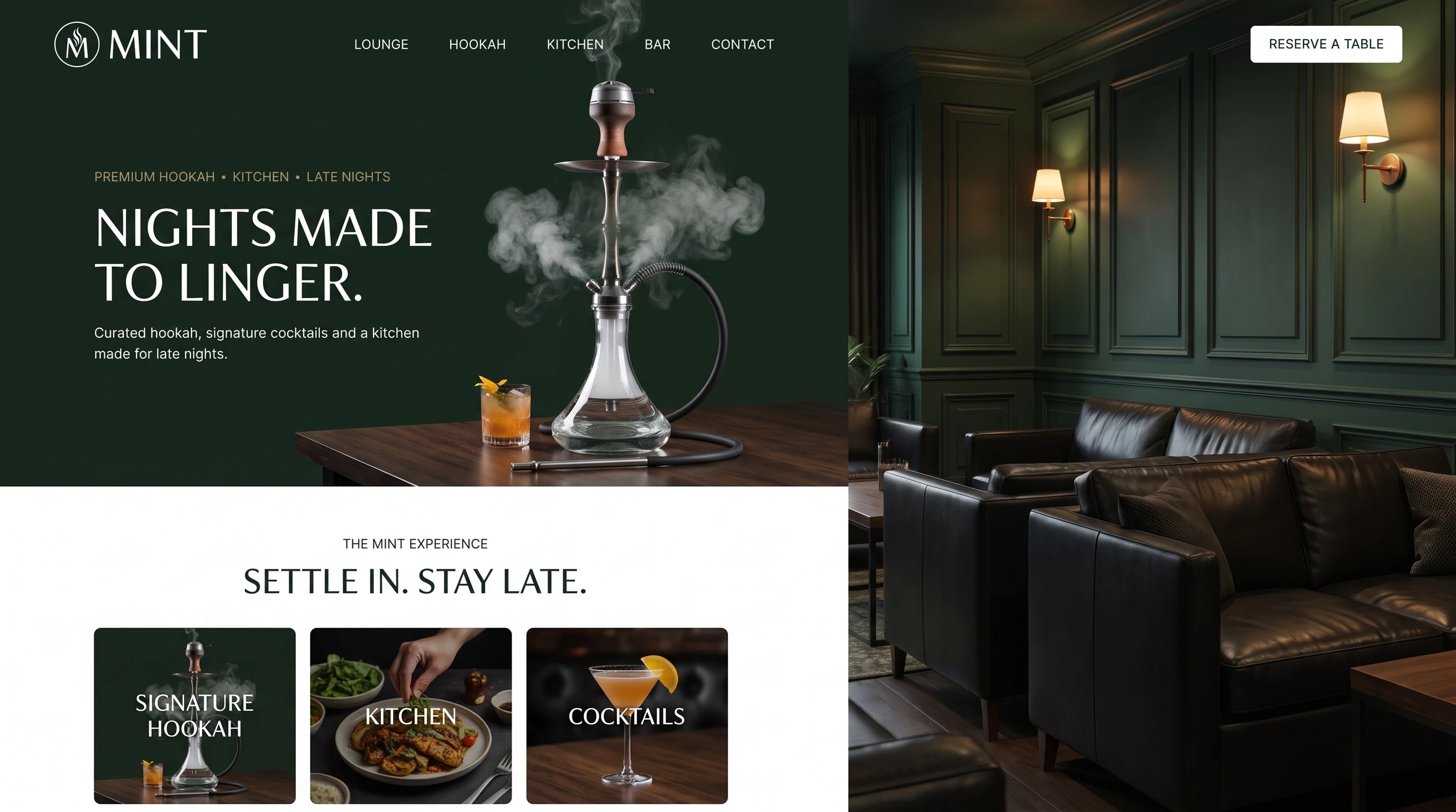 MINT website: dark emerald hero reading Nights made to linger, beside a photograph of the paneled lounge interior