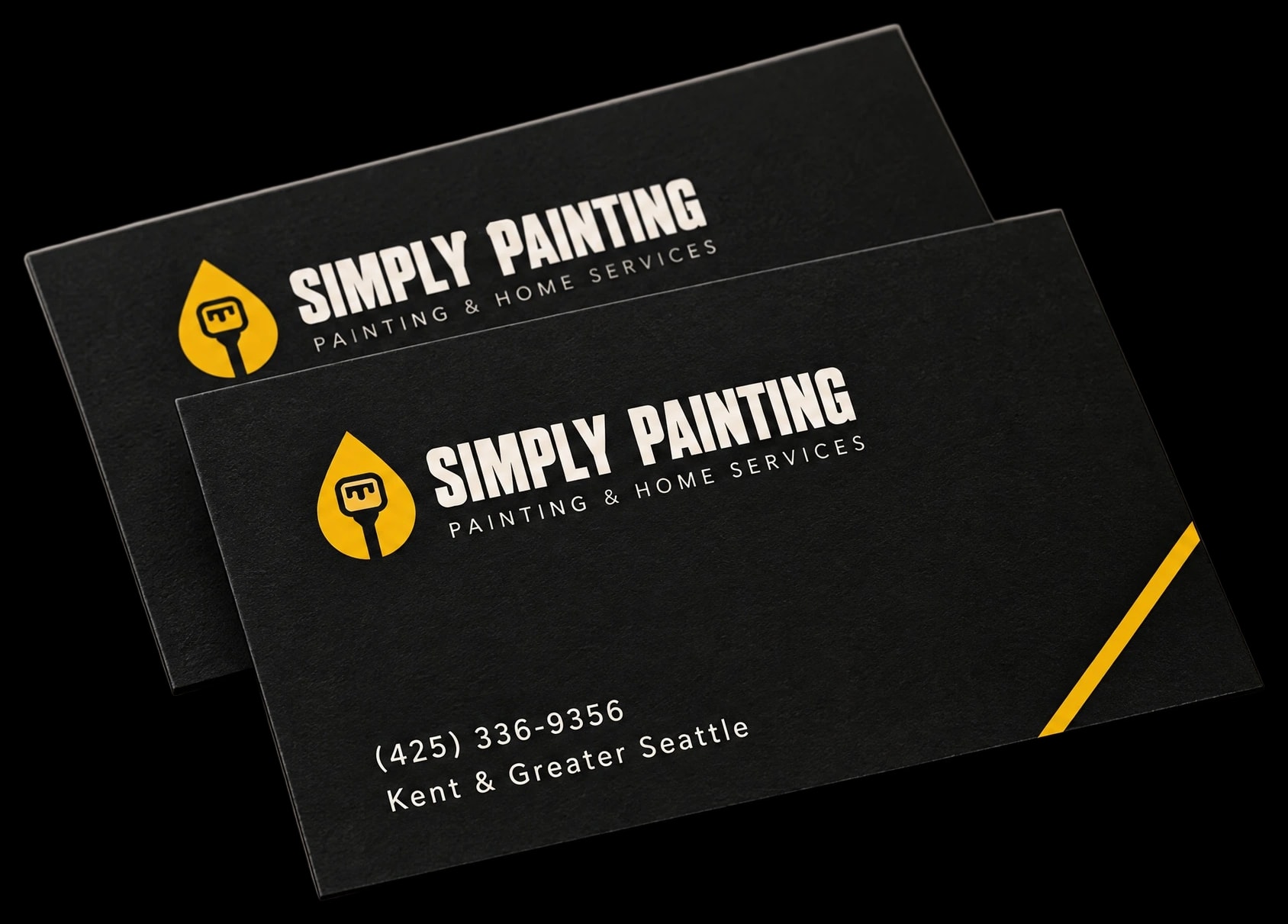 Simply Painting business cards: matte black cards with the paint-drop and brush logo mark, the Simply Painting wordmark, and the phone number and service area