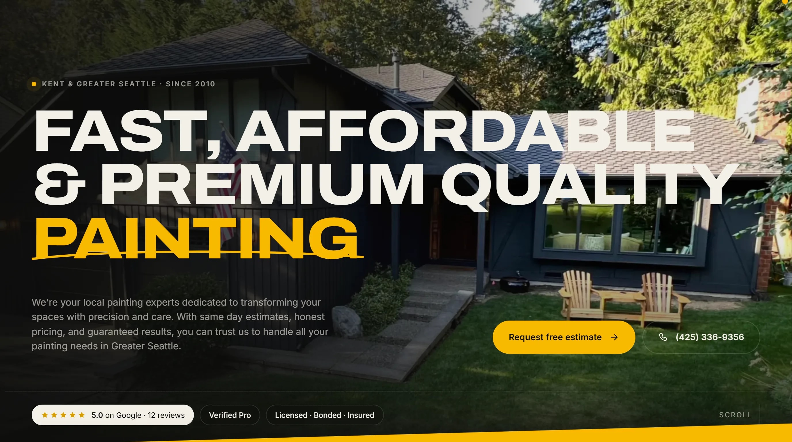 Simply Painting website: a black hero over a real repainted-home photo, reading Fast, affordable & premium quality painting, with a 5.0 Google rating and a free-estimate button