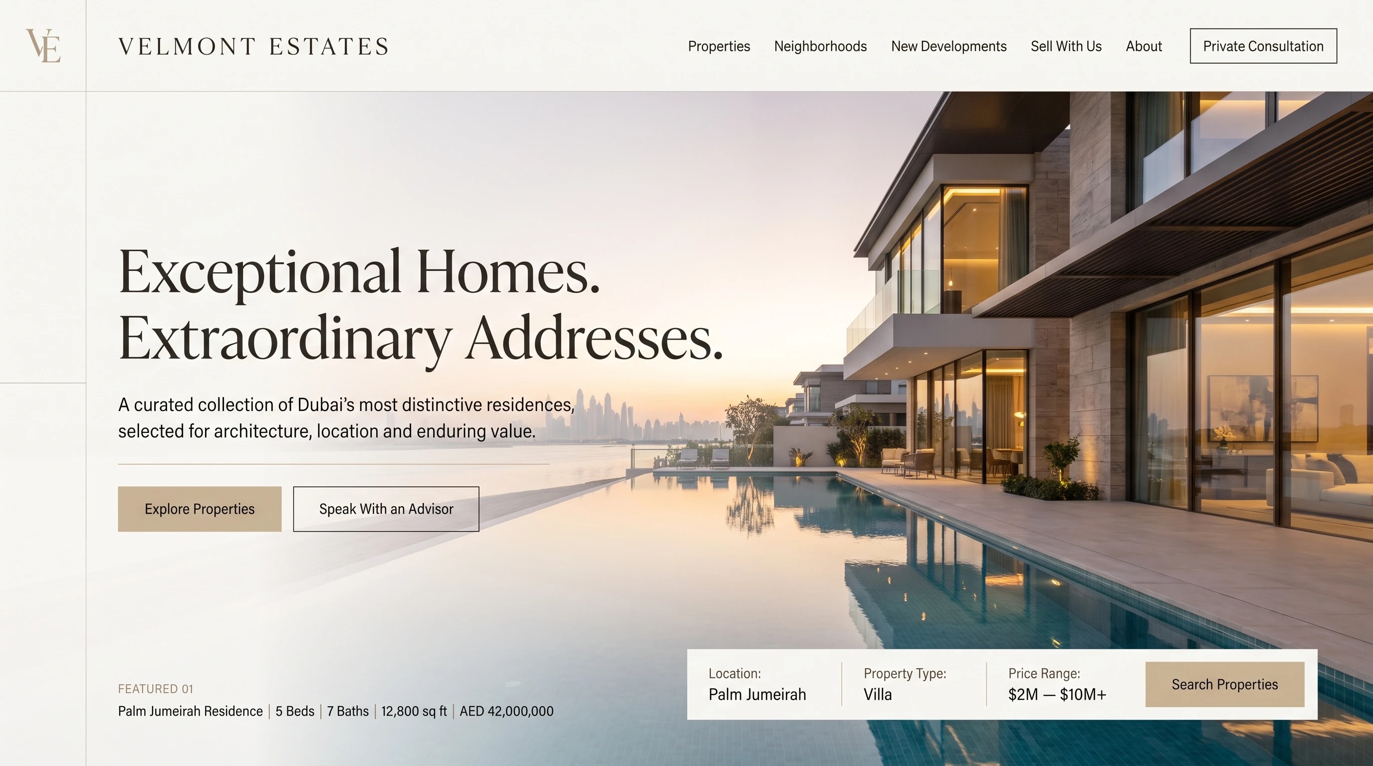 Velmont Estates website: a serif headline beside a villa at dusk, with a property search bar across the lower edge