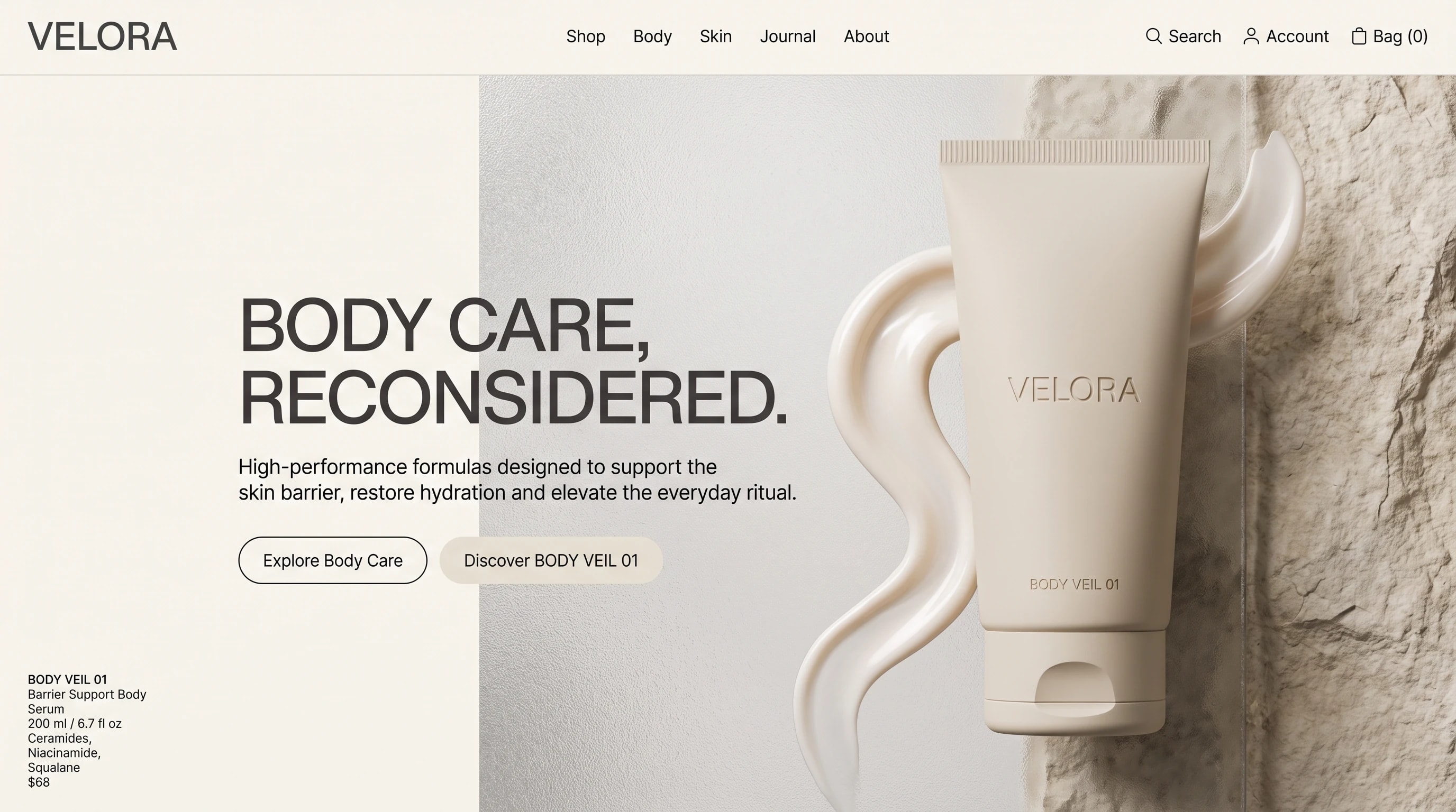 VELORA website: a bone colored tube against stone with a cream swatch, beside a large two line headline