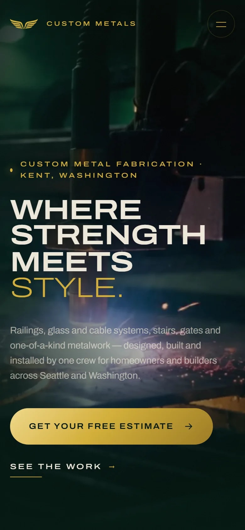 Custom Metals on a phone: the same dark hero and headline stacked over the plasma-cutting scene, with a hamburger menu in place of the full navigation