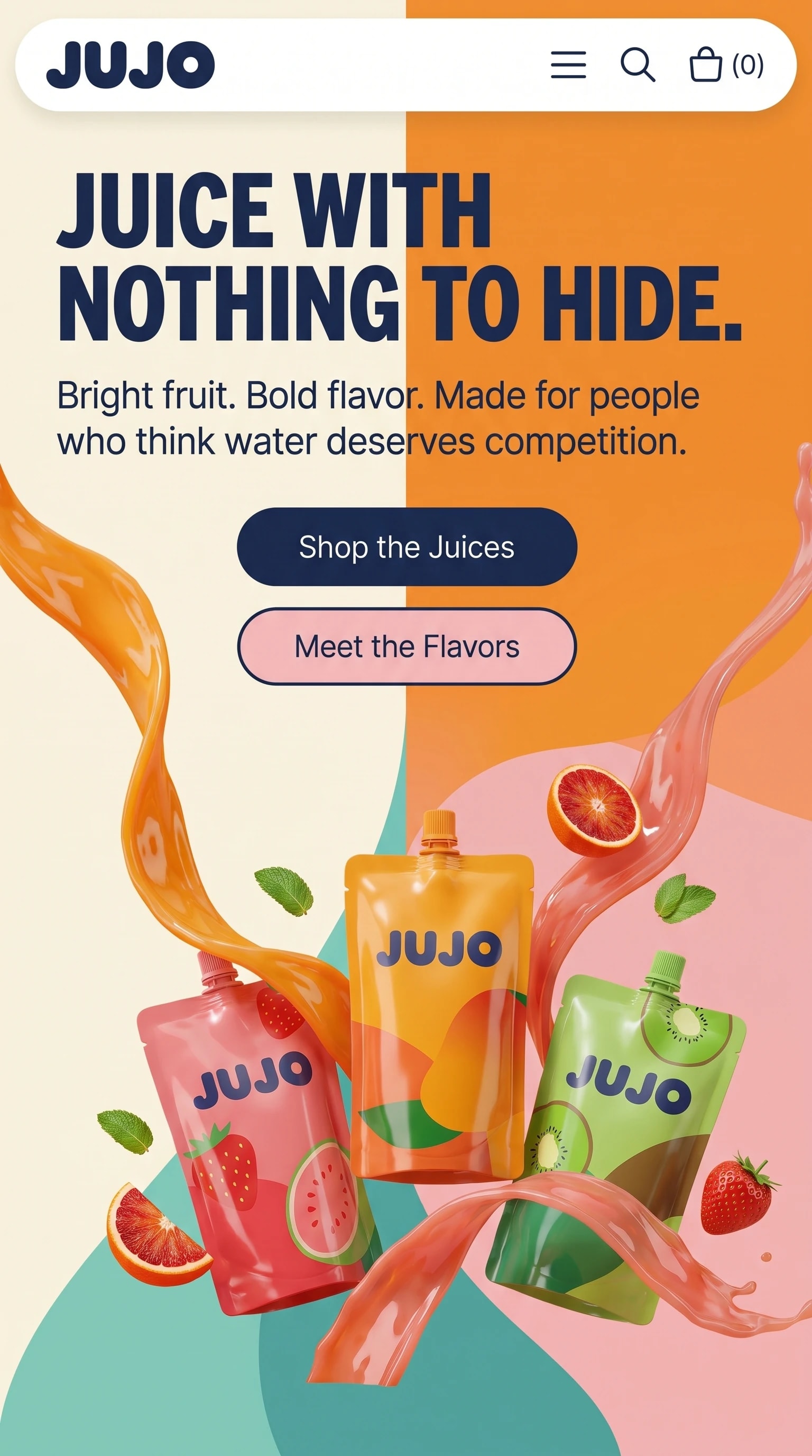 JUJO on a phone: the headline over color blocks, with the three pouches and splashes below