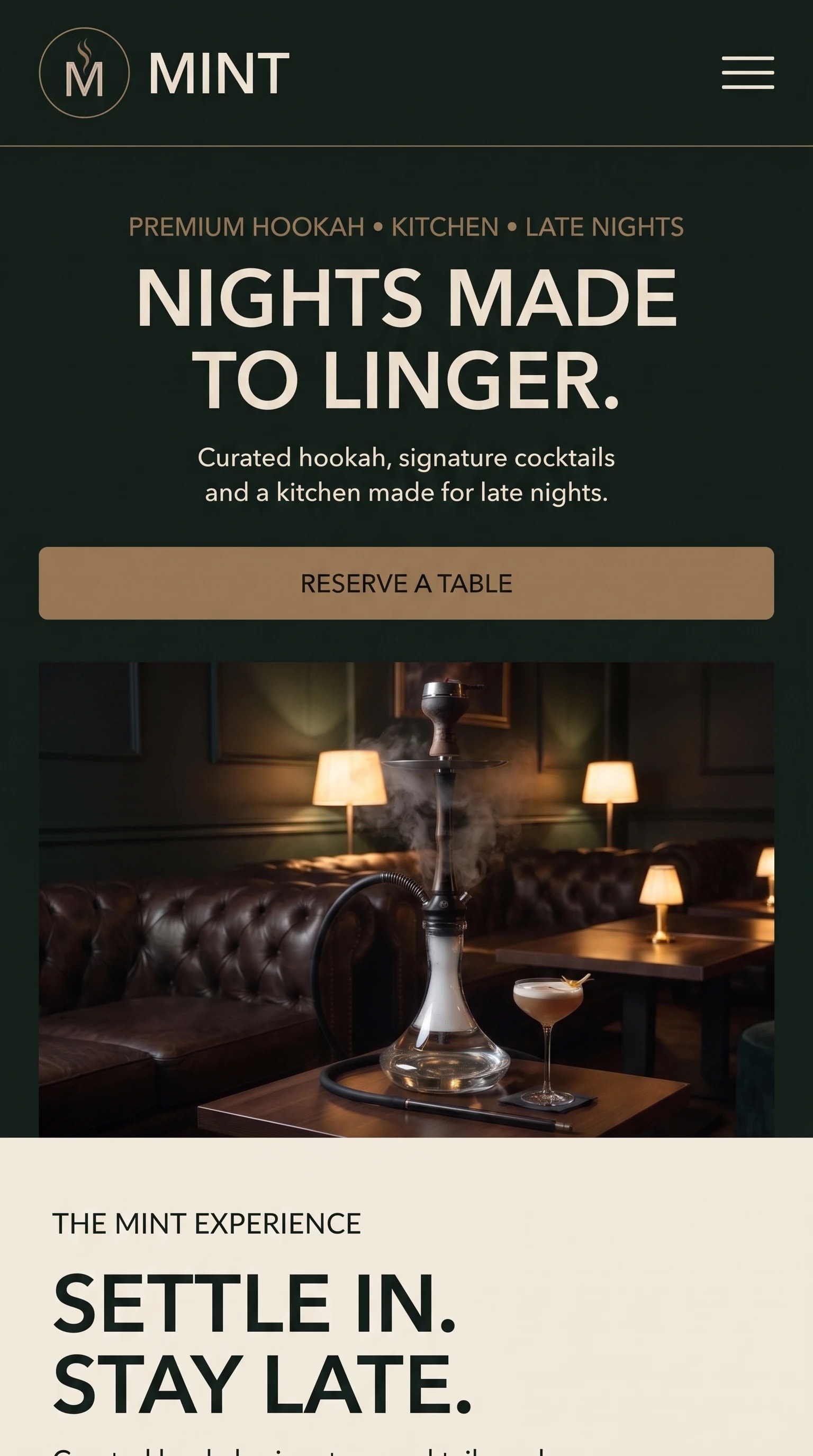 MINT website on a phone: emblem and wordmark, hero headline, Reserve a table button and the lounge photograph