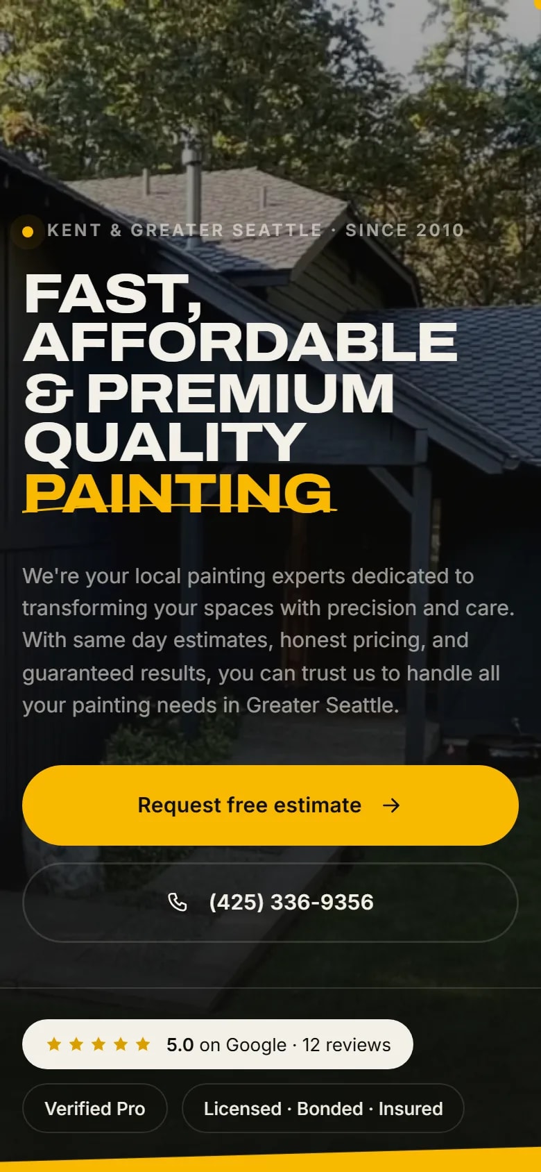 Simply Painting on a phone: the same black hero, headline and free-estimate button stacked over the home photo
