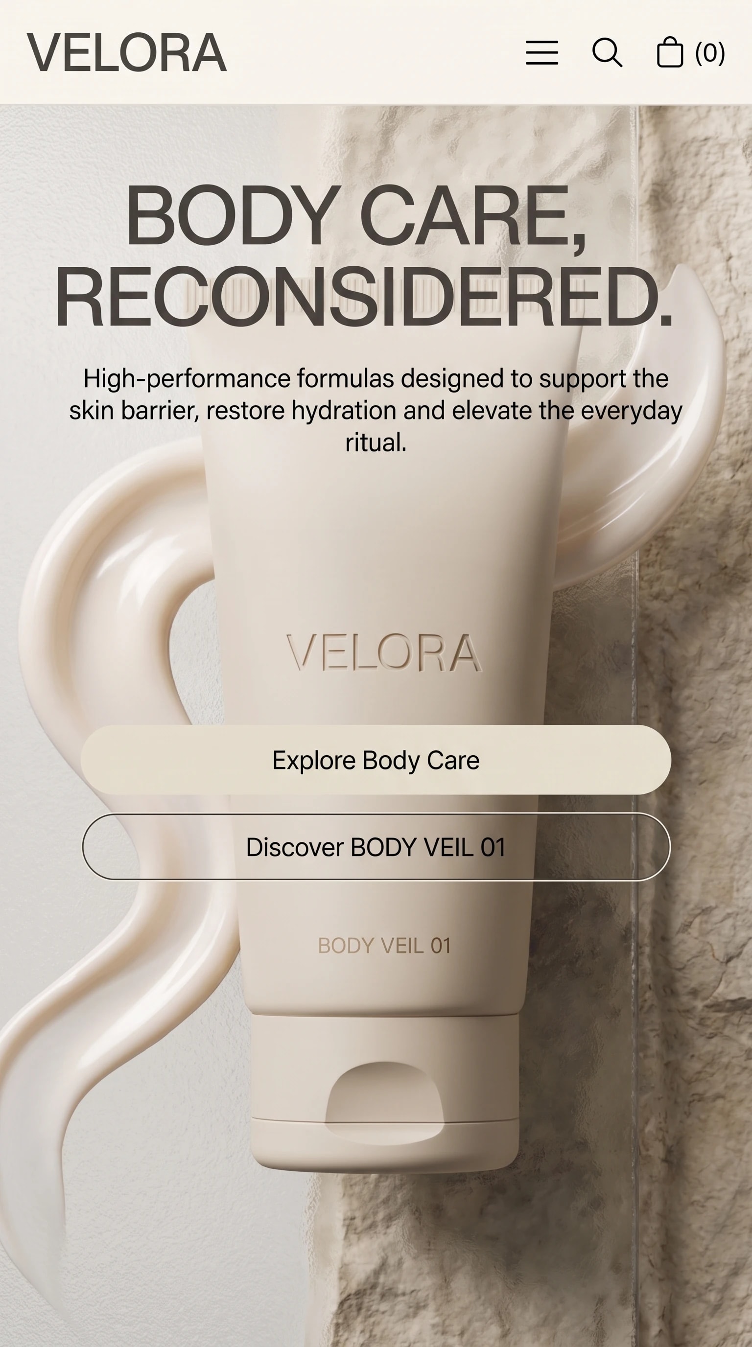VELORA on a phone: the headline over the product photograph with two stacked calls to action